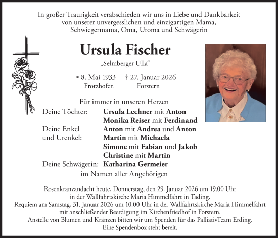 Todesanzeige von Ursula Fischer von merkurtz