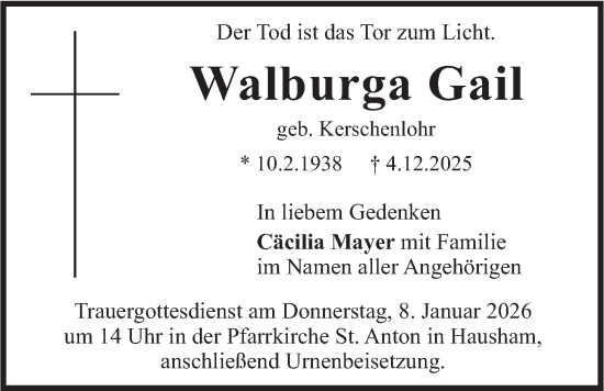 Todesanzeige von Walburga Gail von merkurtz