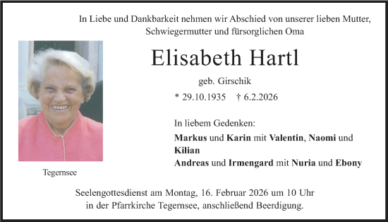 Todesanzeige von Elisabeth Hartl von merkurtz