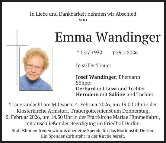 Todesanzeige von Emma Wandinger von merkurtz