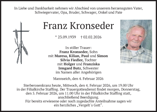 Todesanzeige von Franz Kronseder von merkurtz