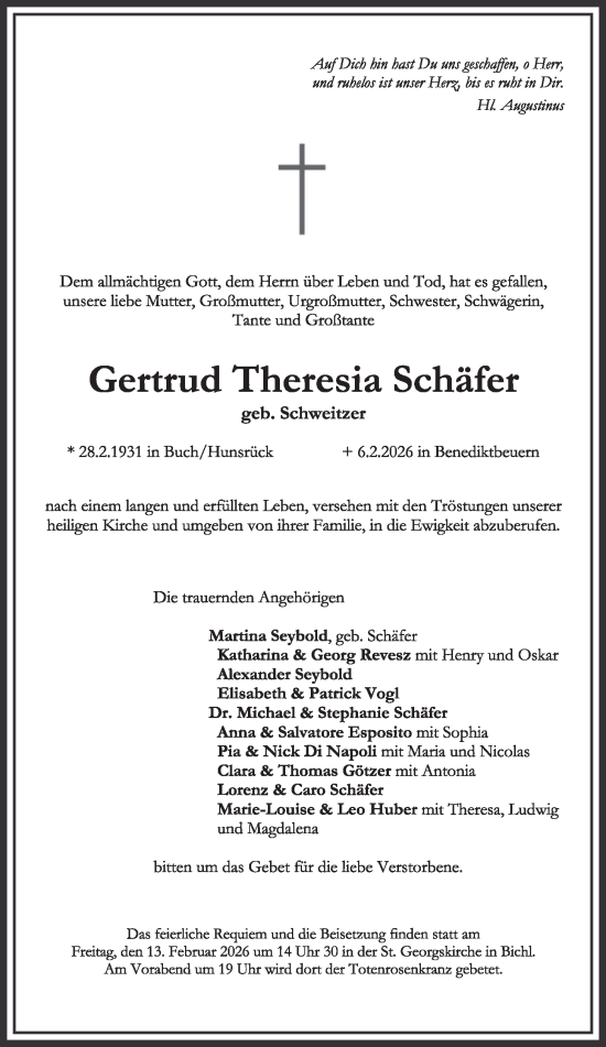 Todesanzeige von Gertrud Theresia Schäfer von merkurtz