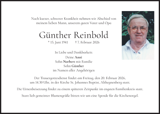 Todesanzeige von Günther Reinbold von merkurtz