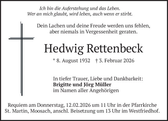 Todesanzeige von Hedwig Rettenbeck von merkurtz