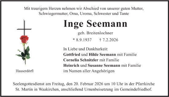 Todesanzeige von Inge Seemann von merkurtz