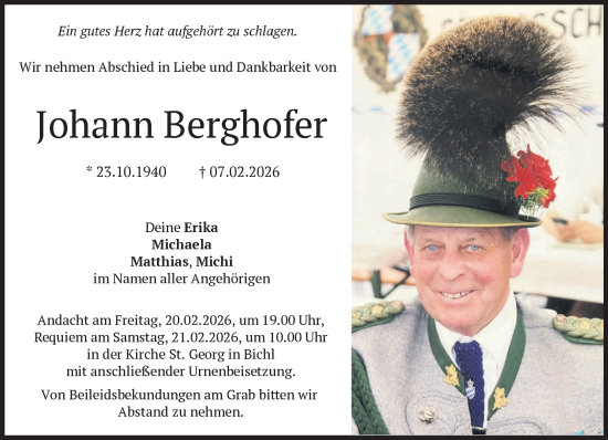 Todesanzeige von Johann Berghofer von Das Gelbe Blatt Penzberg