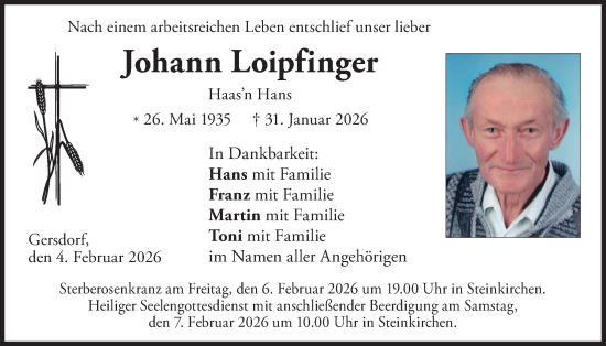 Todesanzeige von Johann Loipfinger von merkurtz