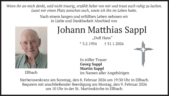 Todesanzeige von Johann Matthias Sappl von merkurtz