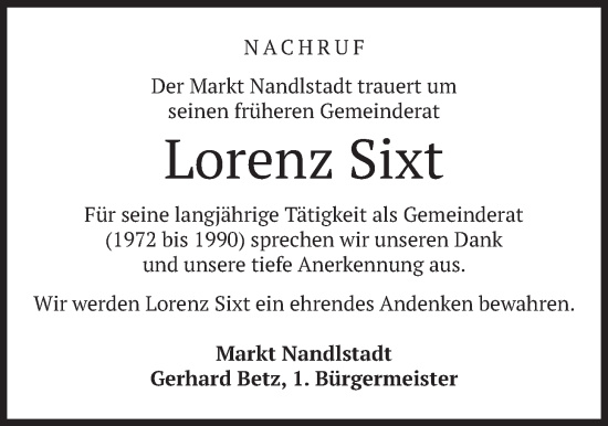 Todesanzeige von Lorenz Sixt von merkurtz