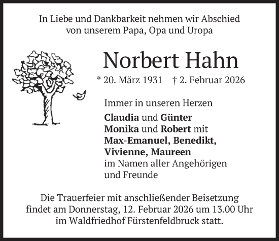 Todesanzeige von Norbert Hahn von merkurtz