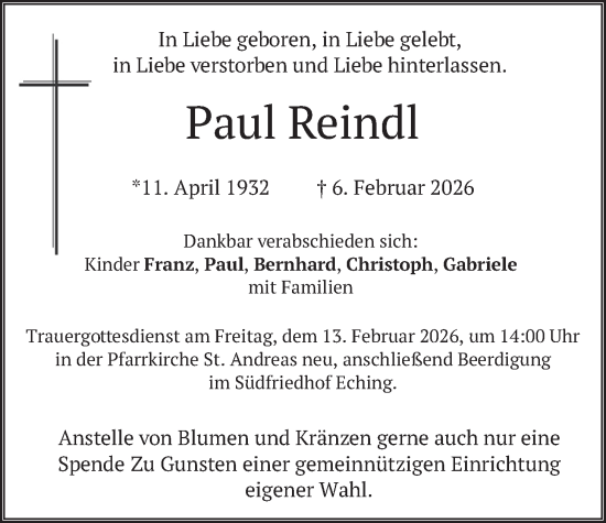 Todesanzeige von Paul Reindl von merkurtz