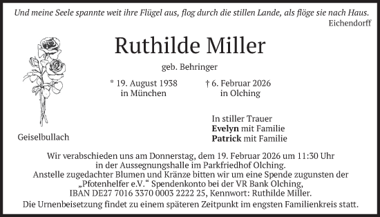 Todesanzeige von Ruthilde Miller von merkurtz