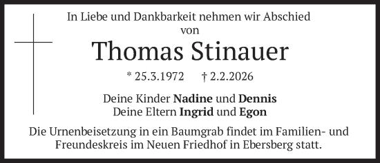 Todesanzeige von Thomas Stinauer von merkurtz