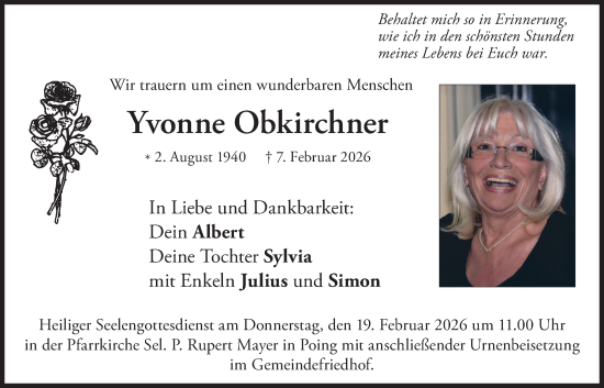 Todesanzeige von Yvonne Obkirchner von merkurtz