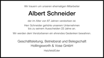 Todesanzeige von Albert Schneider von SAARBRÜCKER ZEITUNG