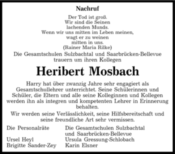 Todesanzeige von Heribert Mosbach von SAARBRÜCKER ZEITUNG