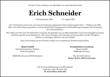 Todesanzeige von Erich Schneider von SAARBRÜCKER ZEITUNG