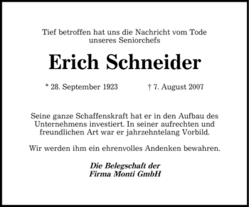 Todesanzeige von Erich Schneider von SAARBRÜCKER ZEITUNG