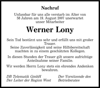 Todesanzeige von Werner Lony von SAARBRÜCKER ZEITUNG