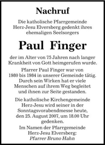 Todesanzeige von Paul Finger von SAARBRÜCKER ZEITUNG