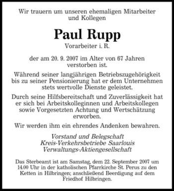 Todesanzeige von Paul Rupp von SAARBRÜCKER ZEITUNG