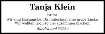 Todesanzeige von Tanja Klein von SAARBRÜCKER ZEITUNG