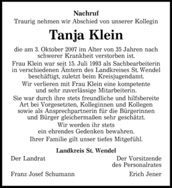 Todesanzeige von Tanja Klein von SAARBRÜCKER ZEITUNG