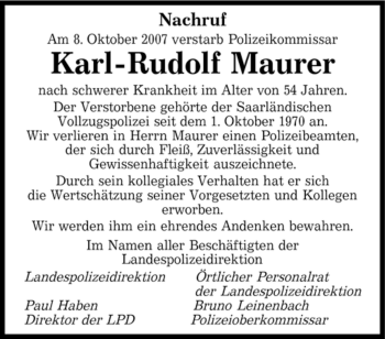 Todesanzeige von Karl-Rudolf Maurer von SAARBRÜCKER ZEITUNG