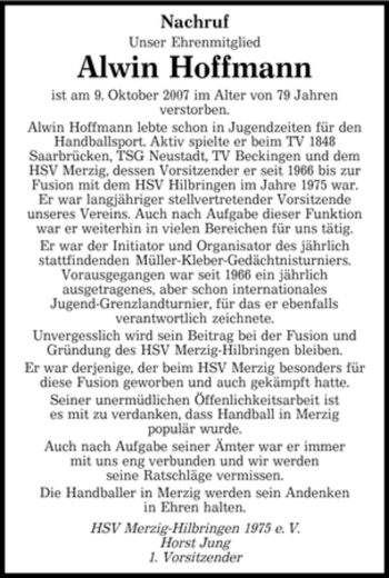 Todesanzeige von Alwin Hoffmann von SAARBRÜCKER ZEITUNG