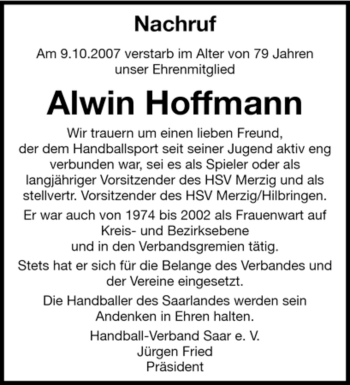 Todesanzeige von Alwin Hoffmann von SAARBRÜCKER ZEITUNG