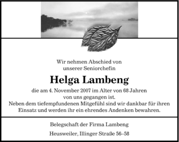 Todesanzeige von Helga Lambeng von SAARBRÜCKER ZEITUNG