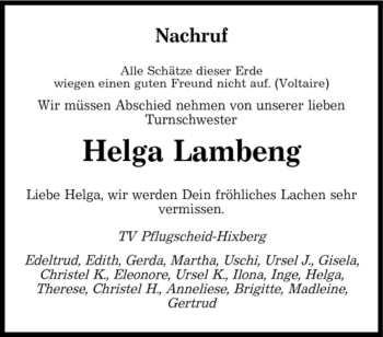 Todesanzeige von Helga Lambeng von SAARBRÜCKER ZEITUNG