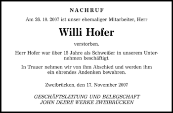 Todesanzeige von Willi Hofer von SAARBRÜCKER ZEITUNG
