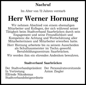 Todesanzeige von Werner Hornung von SAARBRÜCKER ZEITUNG