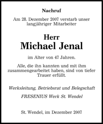 Todesanzeige von Michael Jenal von SAARBRÜCKER ZEITUNG