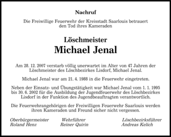 Todesanzeige von Michael Jenal von SAARBRÜCKER ZEITUNG
