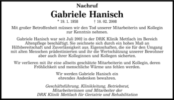Todesanzeige von Gabriele Hanisch von SAARBRÜCKER ZEITUNG