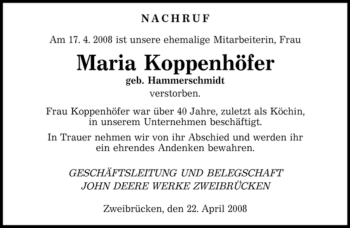 Todesanzeige von Maria Koppenhöfer von SAARBRÜCKER ZEITUNG