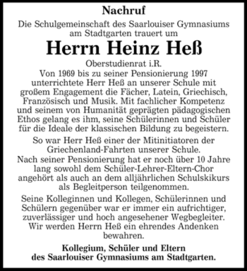 Todesanzeige von Heinz Heß von SAARBRÜCKER ZEITUNG