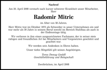 Todesanzeige von Radomir Mitric von SAARBRÜCKER ZEITUNG