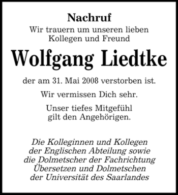 Todesanzeige von Wolfgang Liedtke von SAARBRÜCKER ZEITUNG