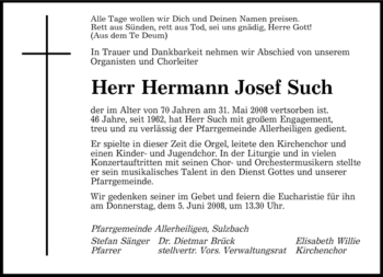 Todesanzeige von Hermann Josef Such von SAARBRÜCKER ZEITUNG