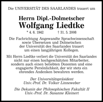 Todesanzeige von Wolfgang Liedtke von SAARBRÜCKER ZEITUNG