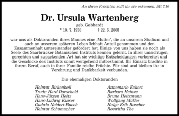 Todesanzeige von Ursula Wartenberg von SAARBRÜCKER ZEITUNG