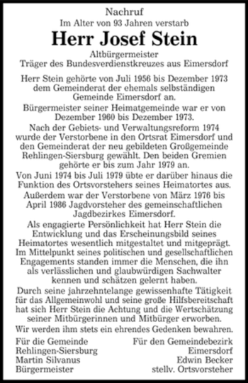 Todesanzeige von Josef Stein von SAARBRÜCKER ZEITUNG