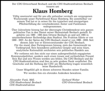 Todesanzeige von Klaus Homberg von SAARBRÜCKER ZEITUNG