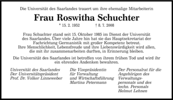 Todesanzeige von Roswitha Schuchter von SAARBRÜCKER ZEITUNG