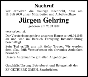 Todesanzeige von Jürgen Gehring von SAARBRÜCKER ZEITUNG