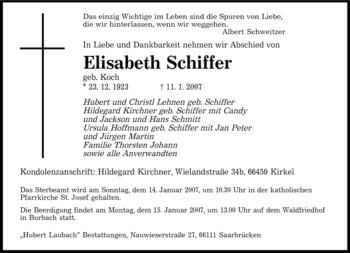 Todesanzeige von Elisabeth Schiffer von SAARBRÜCKER ZEITUNG