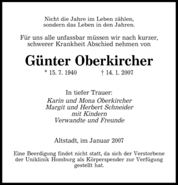 Todesanzeige von Günter Oberkircher von SAARBRÜCKER ZEITUNG